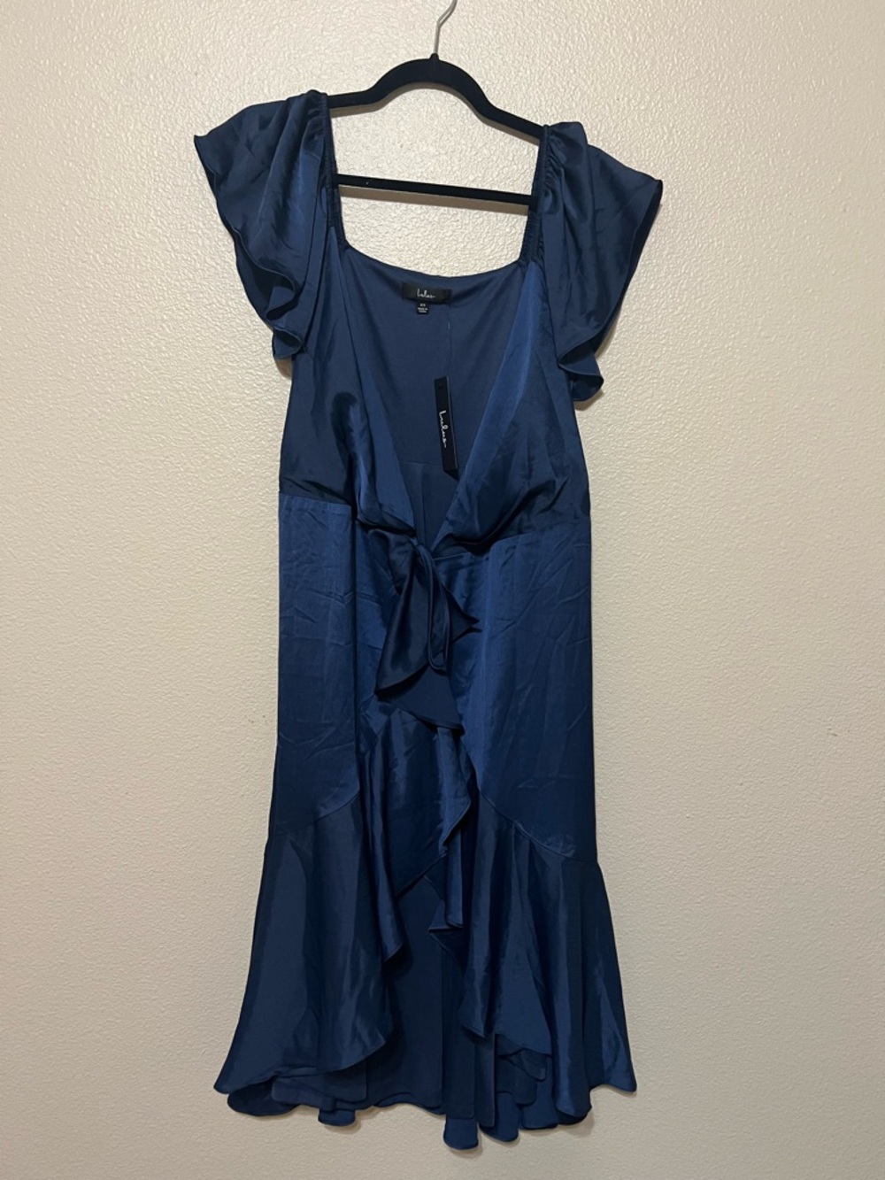 Lulu's Deep Blue Ruffle Tie-Front Midi Dress